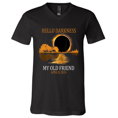 Hello Darkness My Old Friend Funny Total Solar Eclipse 2024 V-Neck T-Shirt