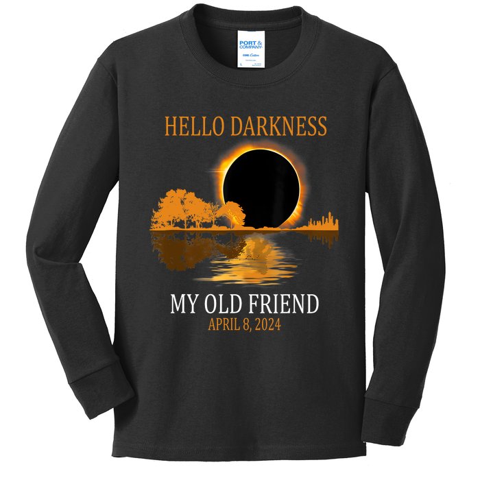 Hello Darkness My Old Friend Funny Total Solar Eclipse 2024 Kids Long Sleeve Shirt