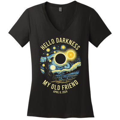 Hello Darkness My Old Friend Solar Eclipse April 8 2024 Women's V-Neck T-Shirt