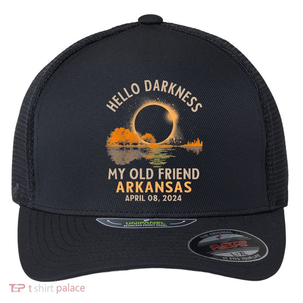 Hello Darkness My Old Friend Total Eclipse 2024 Arkansas Flexfit Unipanel Trucker Cap