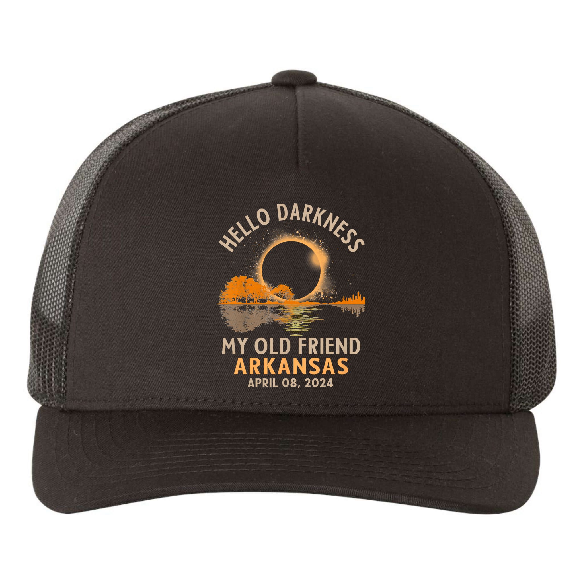 Hello Darkness My Old Friend Total Eclipse 2024 Arkansas Yupoong Adult 5-Panel Trucker Hat
