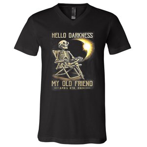 Hello Darkness My Old Friend Funny Skeleton Solar Eclipse V-Neck T-Shirt