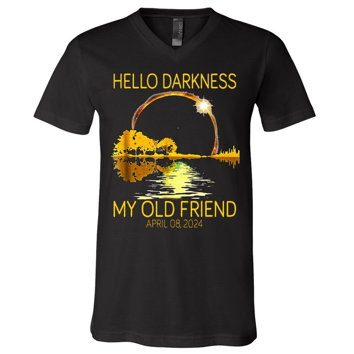 Hello Darkness My Old Friend Funny 2024 Solar Eclipse 4.8.24 V-Neck T-Shirt