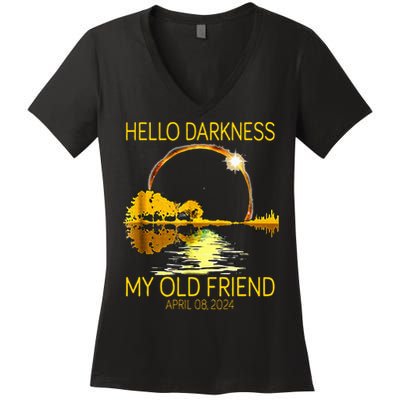 Hello Darkness My Old Friend Funny 2024 Solar Eclipse 4.8.24 Women's V-Neck T-Shirt