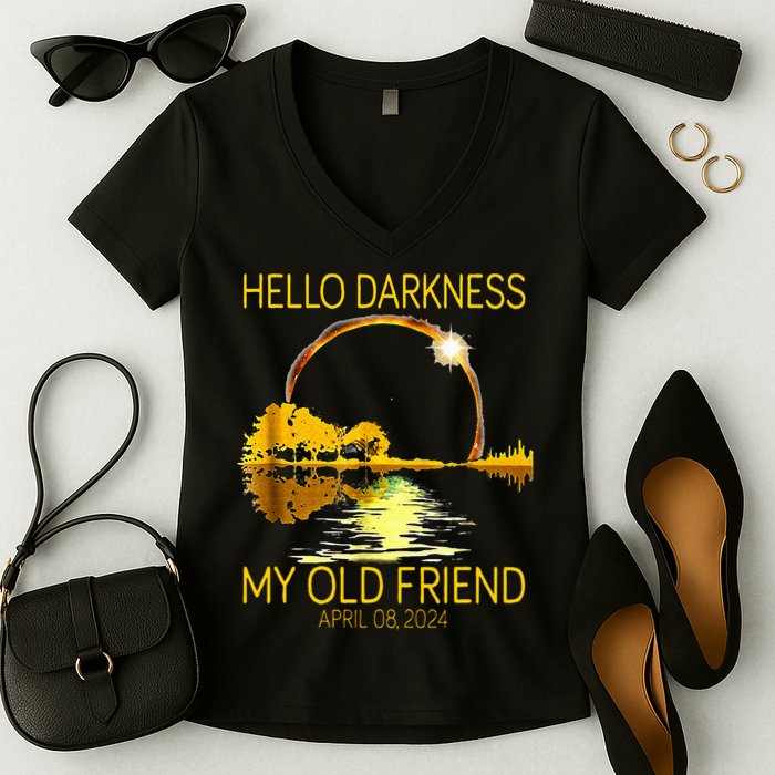 Hello Darkness My Old Friend Funny 2024 Solar Eclipse 4.8.24 Women's V-Neck T-Shirt