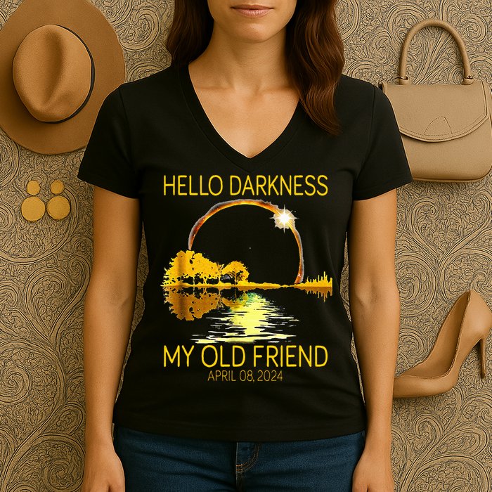 Hello Darkness My Old Friend Funny 2024 Solar Eclipse 4.8.24 Women's V-Neck T-Shirt