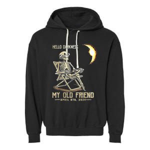 Hello Darkness My Old Friend Funny Skeleton Solar Eclipse Garment-Dyed Fleece Hoodie