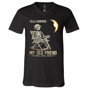 Hello Darkness My Old Friend Funny Skeleton Solar Eclipse V-Neck T-Shirt