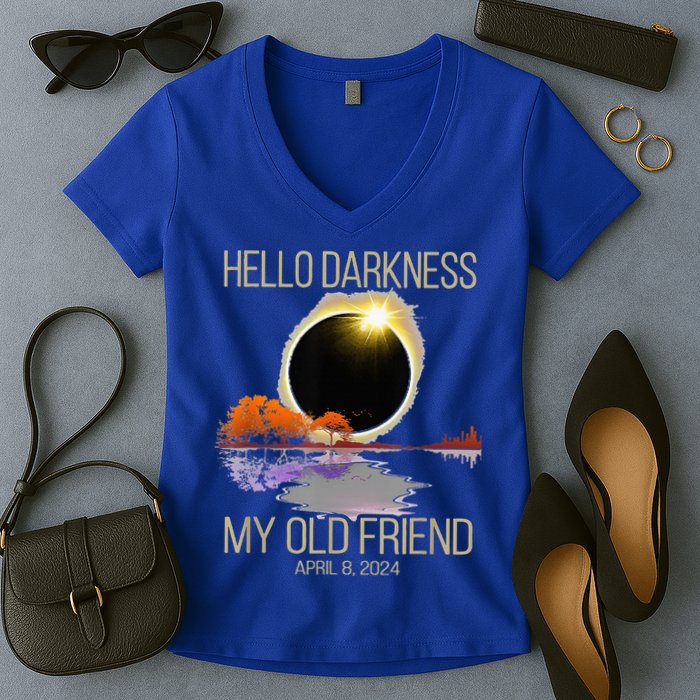 Hello Darkness My Old Friend Solar Eclipse April 08 2024 Women's V-Neck T-Shirt