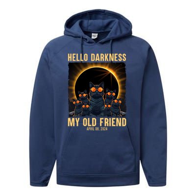 Hello Darkness My Old Friend Solar Eclipse April 08 2024 Funny Cat Performance Fleece Hoodie