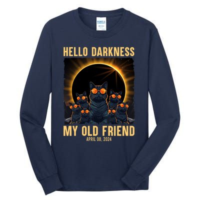 Hello Darkness My Old Friend Solar Eclipse April 08 2024 Funny Cat Tall Long Sleeve T-Shirt