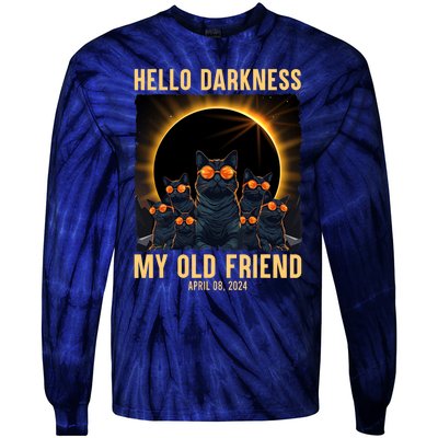 Hello Darkness My Old Friend Solar Eclipse April 08 2024 Funny Cat Tie-Dye Long Sleeve Shirt