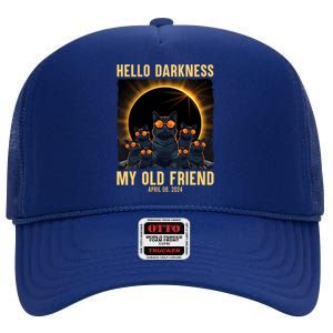 Hello Darkness My Old Friend Solar Eclipse April 08 2024 Funny Cat High Crown Mesh Back Trucker Hat