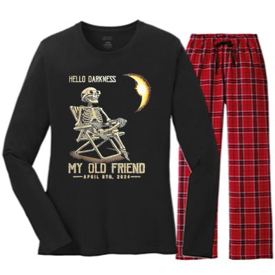 Hello Darkness My Old Friend Solar Eclipse April 08 2024 Women's Long Sleeve Flannel Pajama Set 