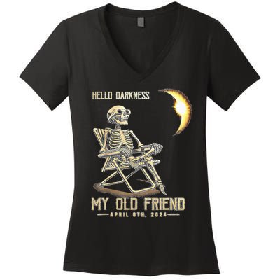 Hello Darkness My Old Friend Solar Eclipse April 08 2024 Women's V-Neck T-Shirt