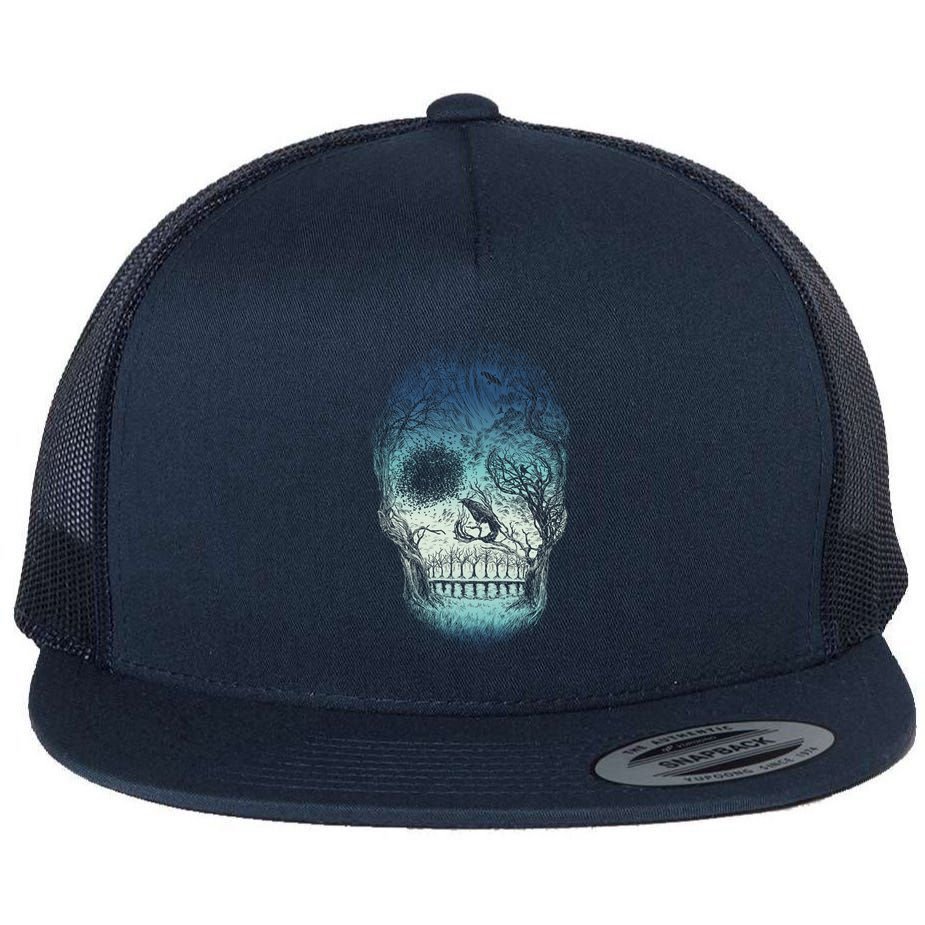 Halloween Dark Nature Forest Skull Flat Bill Trucker Hat