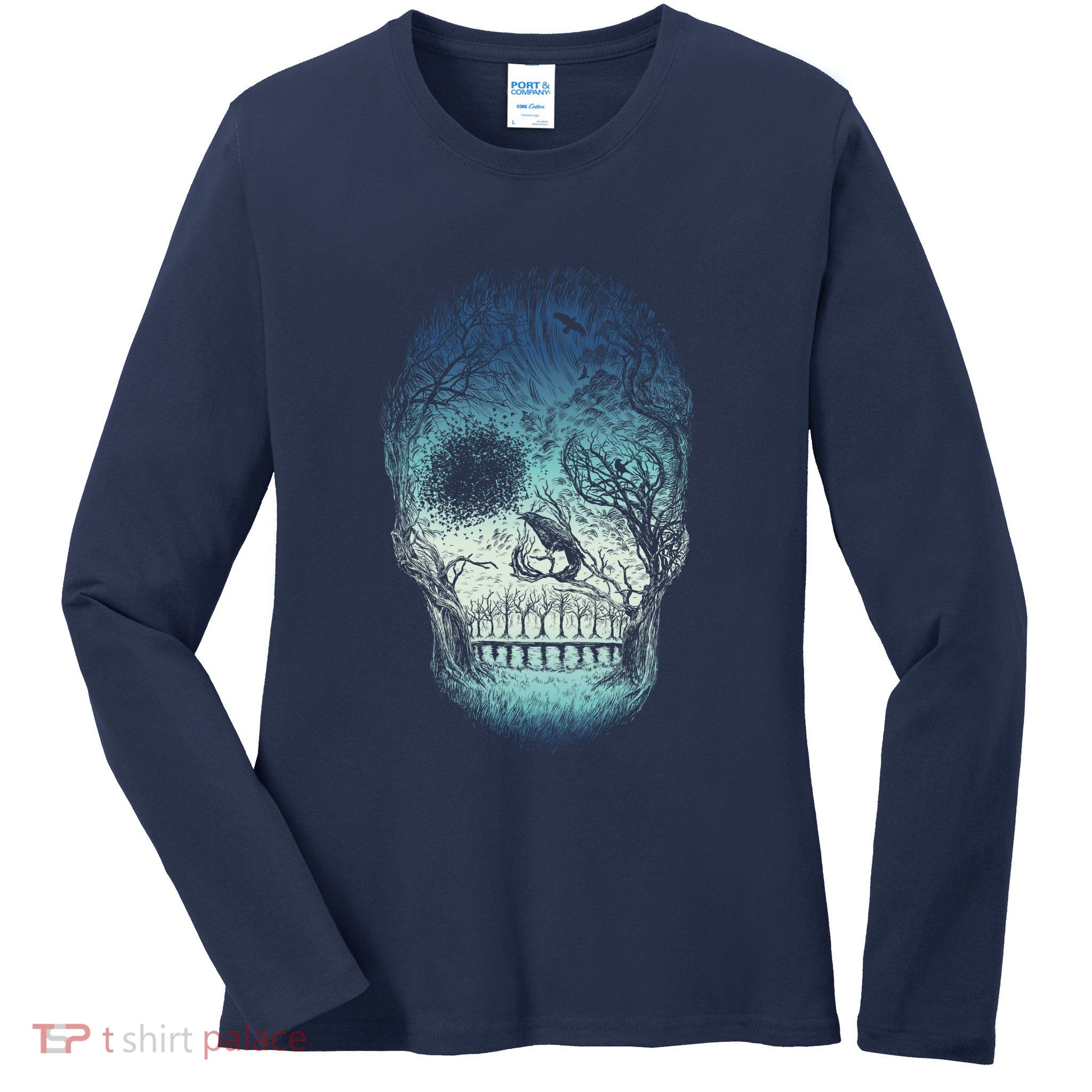 Halloween Dark Nature Forest Skull Ladies Long Sleeve Shirt