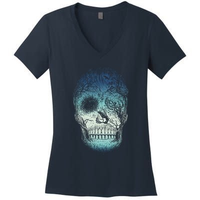 Halloween Dark Nature Forest Skull Women's V-Neck T-Shirt