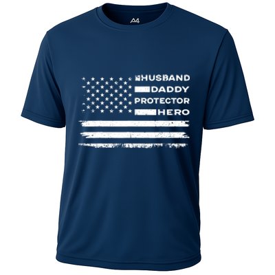 Husband Daddy Protector Hero US American Flag Fathers Day Cooling Performance Crew T-Shirt