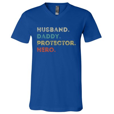 Husband Daddy Protector Hero Vintage Fathers Day Vintage Gift V-Neck T-Shirt