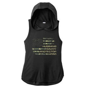 Husband Daddy Protector Hero Fathers Day Camo American Flag Ladies PosiCharge Tri-Blend Wicking Draft Hoodie Tank