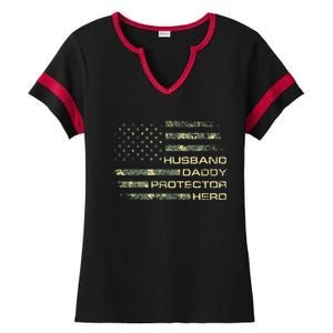 Husband Daddy Protector Hero Fathers Day Camo American Flag Ladies Halftime Notch Neck Tee