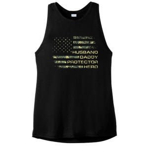 Husband Daddy Protector Hero Fathers Day Camo American Flag Ladies PosiCharge Tri-Blend Wicking Tank