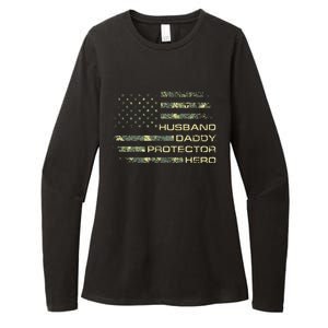 Husband Daddy Protector Hero Fathers Day Camo American Flag Womens CVC Long Sleeve Shirt