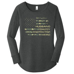 Husband Daddy Protector Hero Fathers Day Camo American Flag Women's Perfect Tri Tunic Long Sleeve Shirt