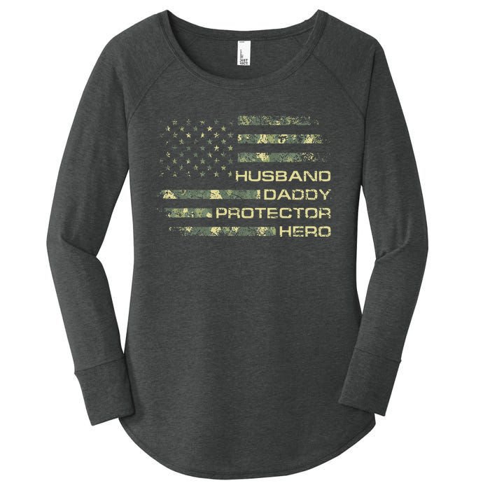 Husband Daddy Protector Hero Fathers Day Camo American Flag Women's Perfect Tri Tunic Long Sleeve Shirt