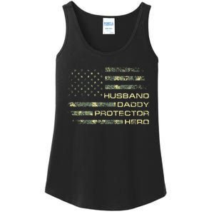 Husband Daddy Protector Hero Fathers Day Camo American Flag Ladies Essential Tank