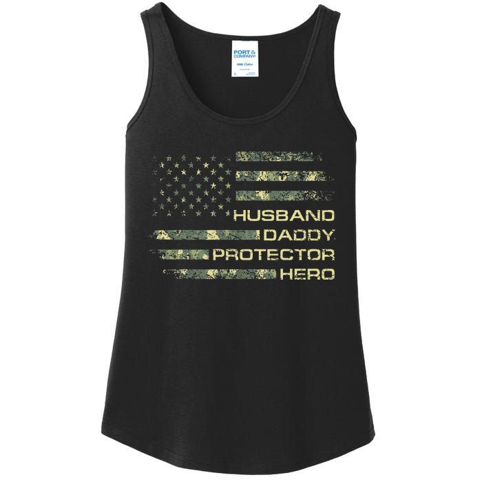 Husband Daddy Protector Hero Fathers Day Camo American Flag Ladies Essential Tank