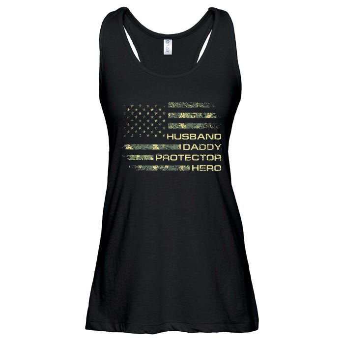 Husband Daddy Protector Hero Fathers Day Camo American Flag Ladies Essential Flowy Tank