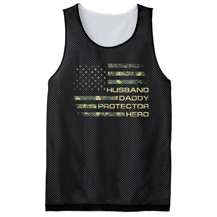 Husband Daddy Protector Hero Fathers Day Camo American Flag Mesh Reversible Basketball Jersey Tank