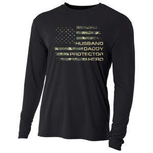 Husband Daddy Protector Hero Fathers Day Camo American Flag Cooling Performance Long Sleeve Crew