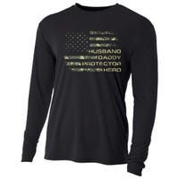 Husband Daddy Protector Hero Fathers Day Camo American Flag Cooling Performance Long Sleeve Crew