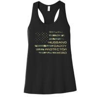 Husband Daddy Protector Hero Fathers Day Camo American Flag Women's Racerback Tank