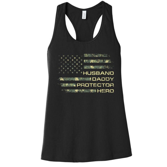 Husband Daddy Protector Hero Fathers Day Camo American Flag Women's Racerback Tank