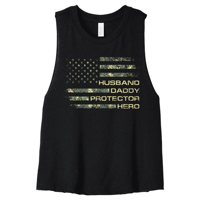 Husband Daddy Protector Hero Fathers Day Camo American Flag Women's Racerback Cropped Tank