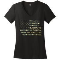 Husband Daddy Protector Hero Fathers Day Camo American Flag Women's V-Neck T-Shirt