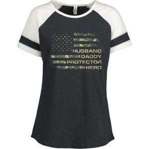 Husband Daddy Protector Hero Fathers Day Camo American Flag Enza Ladies Jersey Colorblock Tee