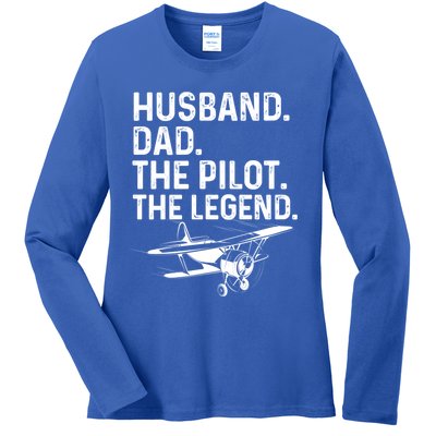 Husband Dad Pilot Legend Funny Airplane Fathers Day Tee Gift Ladies Long Sleeve Shirt