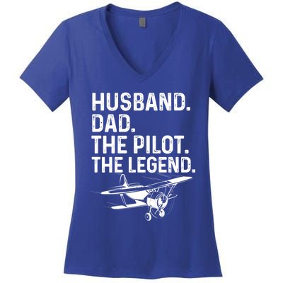 Husband Dad Pilot Legend Funny Airplane Fathers Day Tee Gift Women's V-Neck T-Shirt