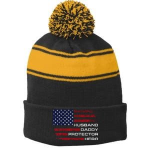 Husband Daddy Protector Hero Fathers Day Stripe Pom Pom Beanie