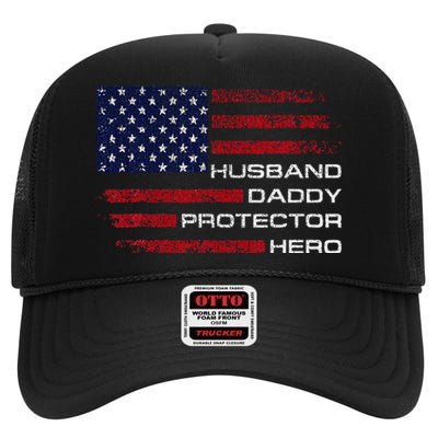 Husband Daddy Protector Hero Fathers Day High Crown Mesh Back Trucker Hat