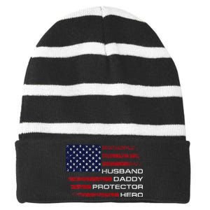 Husband Daddy Protector Hero Fathers Day Striped Beanie with Solid Band