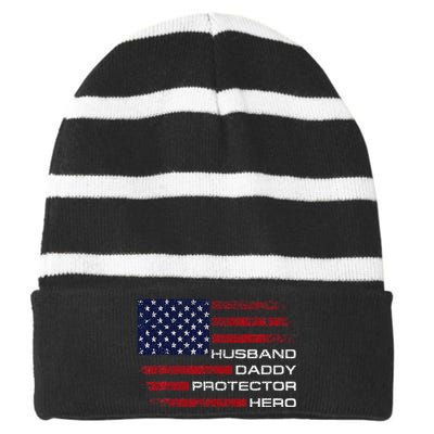 Husband Daddy Protector Hero Fathers Day Striped Beanie with Solid Band