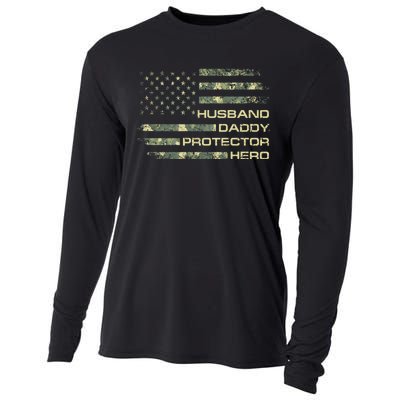 Husband Daddy Protector Hero Fathers Day Camo American Flag Cooling Performance Long Sleeve Crew