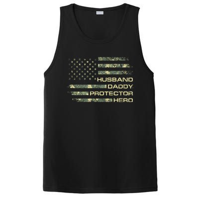 Husband Daddy Protector Hero Fathers Day Camo American Flag PosiCharge Competitor Tank