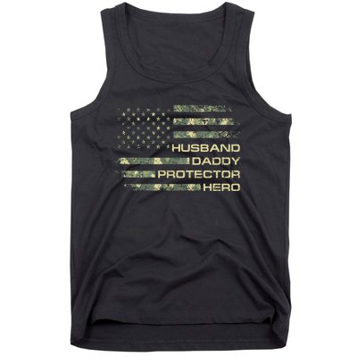 Husband Daddy Protector Hero Fathers Day Camo American Flag Tank Top